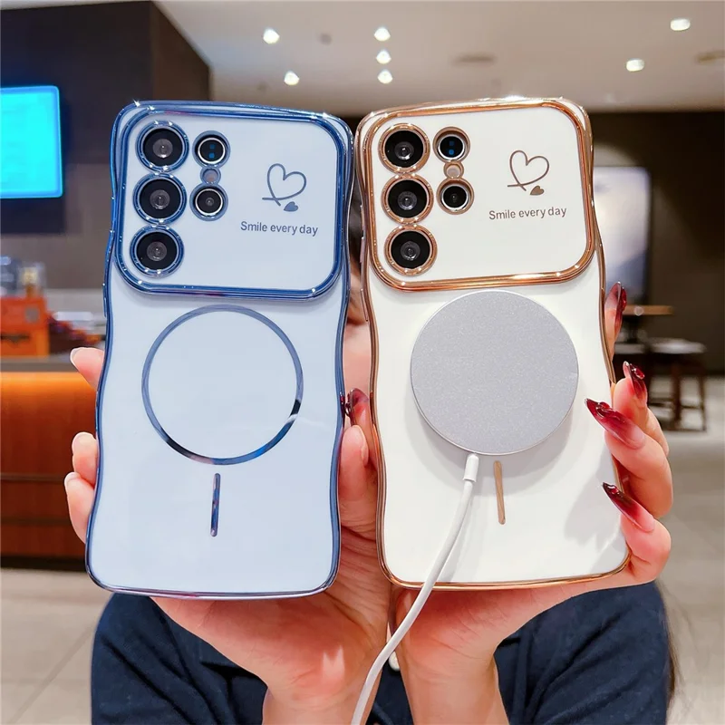 For Samsung Galaxy S24 Ultra Magnetic Case Electroplating Wave Edge TPU Phone Cover Heart Pattern - Blue