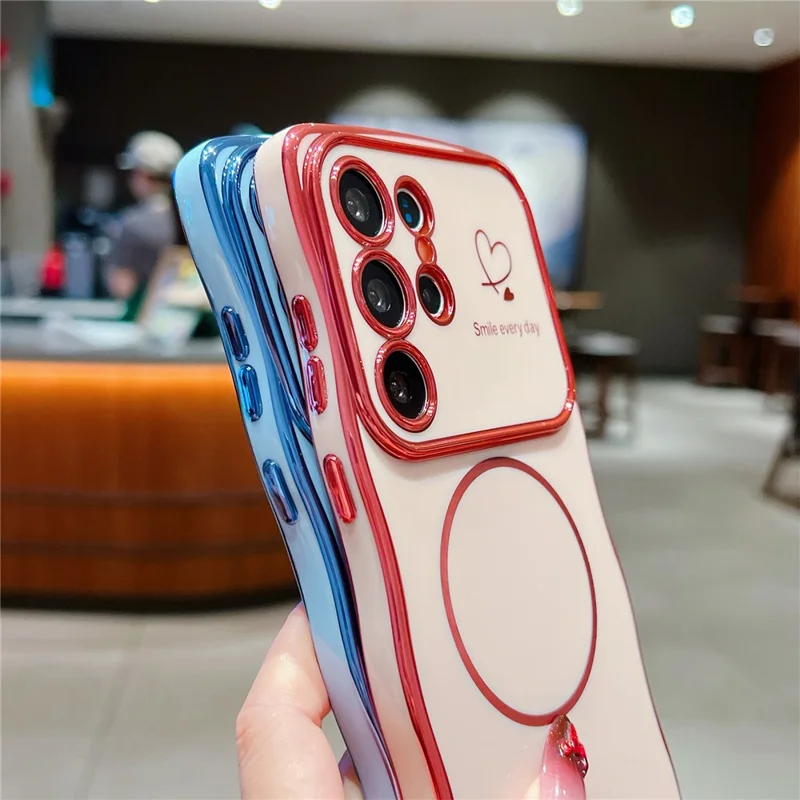 For Samsung Galaxy S24 Ultra Magnetic Case Electroplating Wave Edge TPU Phone Cover Heart Pattern - Blue