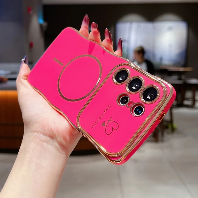 For Samsung Galaxy S24 Ultra Magnetic Case Electroplating Wave Edge TPU Phone Cover Heart Pattern - Rose