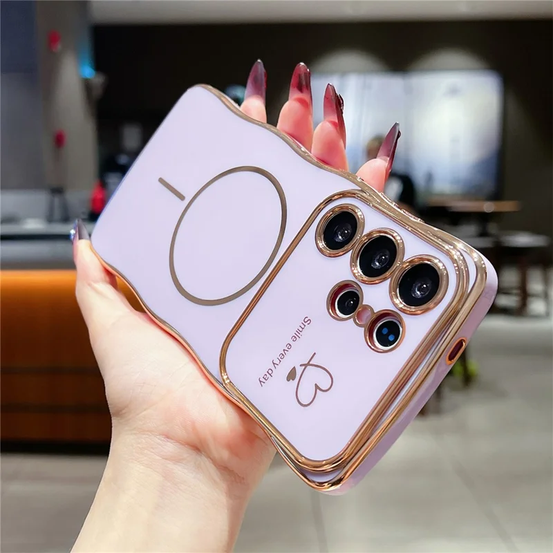 For Samsung Galaxy S24 Ultra Magnetic Case Electroplating Wave Edge TPU Phone Cover Heart Pattern - Purple