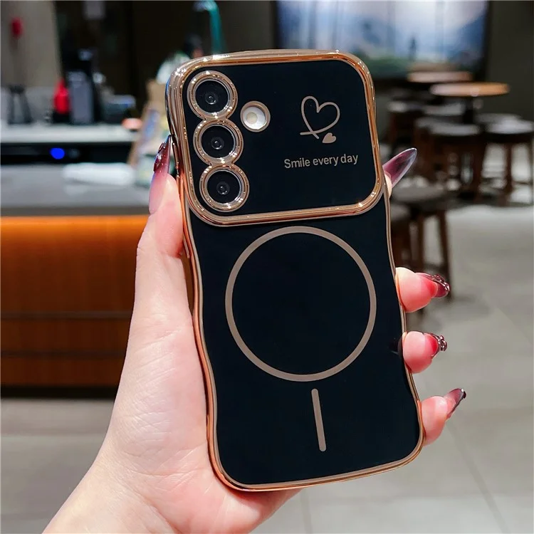 For Samsung Galaxy S24 FE Magnetic Case Electroplating Wave Edge TPU Phone Cover Heart Pattern - Black