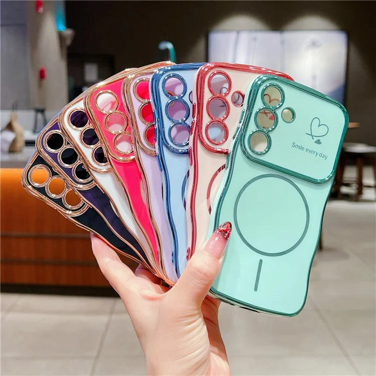 For Samsung Galaxy S24 FE Magnetic Case Electroplating Wave Edge TPU Phone Cover Heart Pattern - Black
