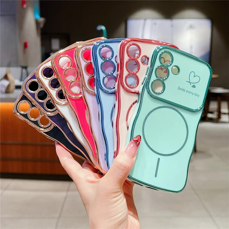 For Samsung Galaxy A16 5G / A16 4G Magnetic Case Electroplating Wave Edge TPU Phone Cover Heart Pattern - Black