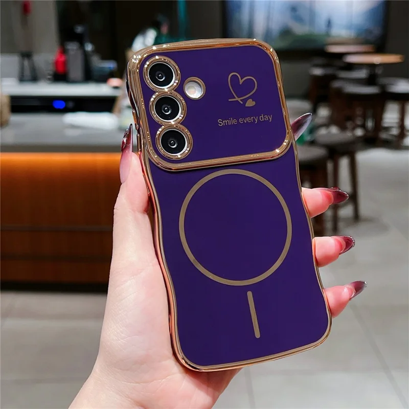 For Samsung Galaxy A16 5G / A16 4G Magnetic Case Electroplating Wave Edge TPU Phone Cover Heart Pattern - Dark Purple