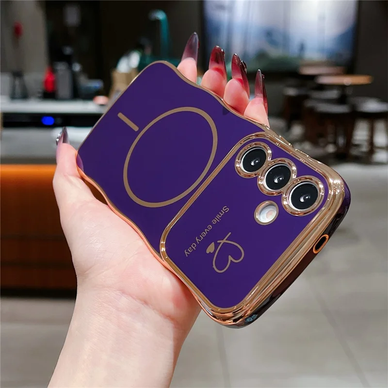 For Samsung Galaxy A16 5G / A16 4G Magnetic Case Electroplating Wave Edge TPU Phone Cover Heart Pattern - Dark Purple