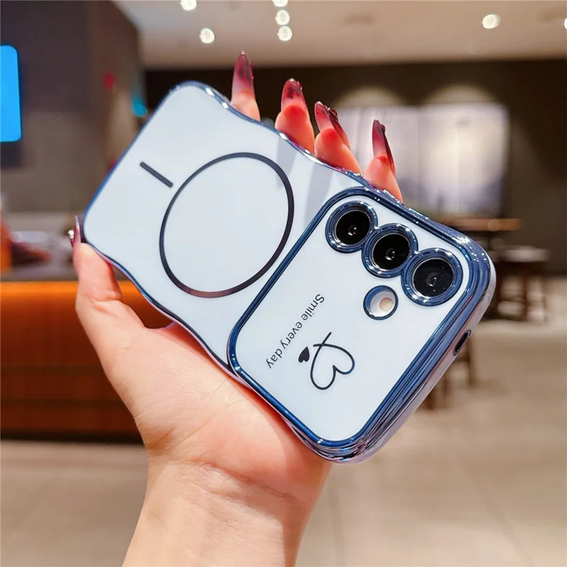 For Samsung Galaxy A16 5G / A16 4G Magnetic Case Electroplating Wave Edge TPU Phone Cover Heart Pattern - Blue