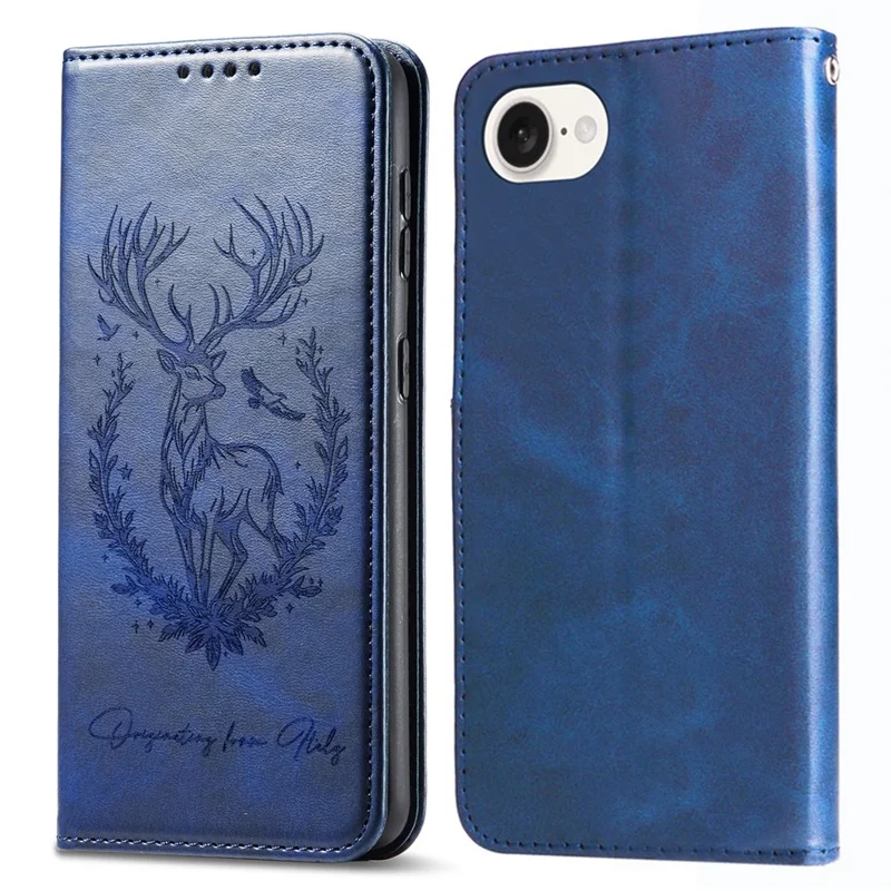 For iPhone 17e / 16e Stand Case Lucky Deer Imprinted Magnetic Closure Leather Wallet Phone Cover - Blue