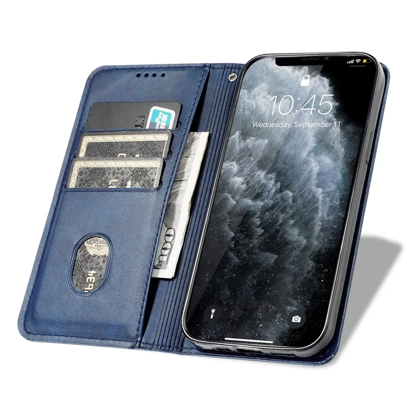 For iPhone 17e / 16e Stand Case Lucky Deer Imprinted Magnetic Closure Leather Wallet Phone Cover - Blue
