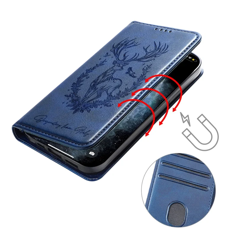 For iPhone 17e / 16e Stand Case Lucky Deer Imprinted Magnetic Closure Leather Wallet Phone Cover - Blue