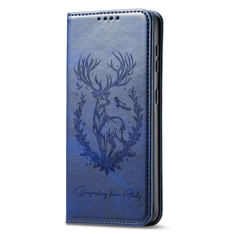 For iPhone 17e / 16e Stand Case Lucky Deer Imprinted Magnetic Closure Leather Wallet Phone Cover - Blue