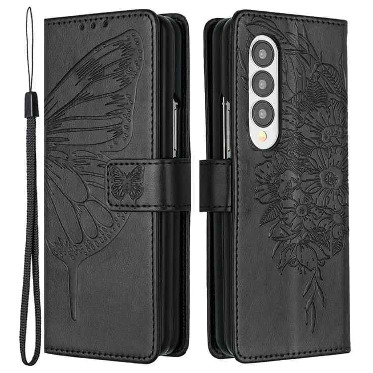 For Samsung Galaxy Z Fold4 5G Wallet Case with Wrist Strap Butterfly Imprint Leather Phone Cover - Black