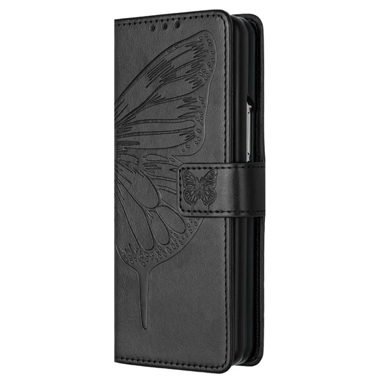 For Samsung Galaxy Z Fold4 5G Wallet Case with Wrist Strap Butterfly Imprint Leather Phone Cover - Black