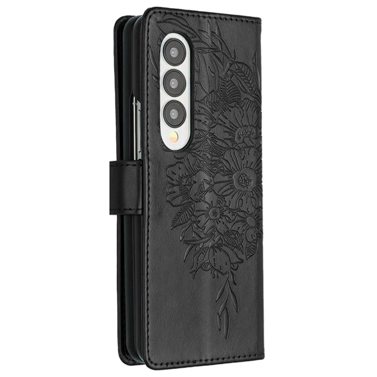 For Samsung Galaxy Z Fold4 5G Wallet Case with Wrist Strap Butterfly Imprint Leather Phone Cover - Black