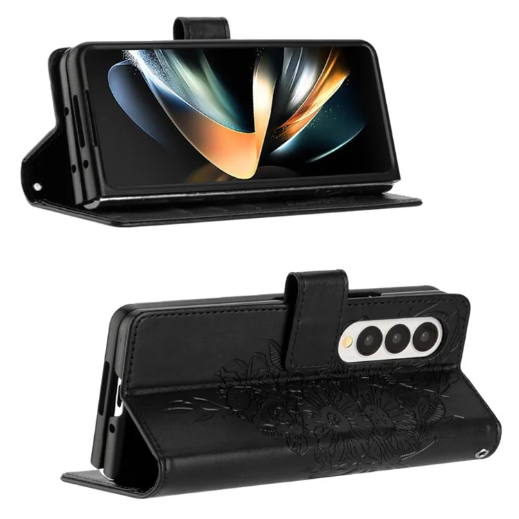 For Samsung Galaxy Z Fold4 5G Wallet Case with Wrist Strap Butterfly Imprint Leather Phone Cover - Black