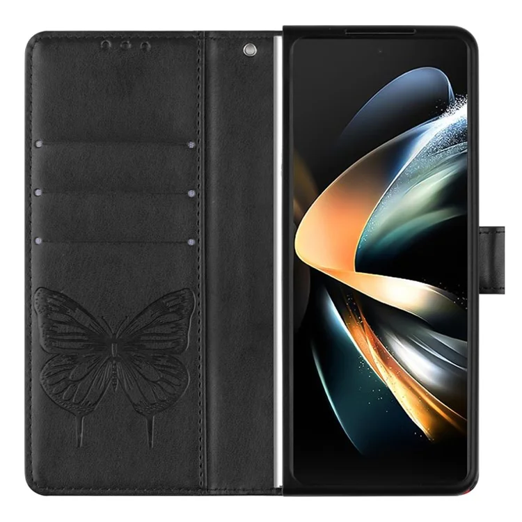 For Samsung Galaxy Z Fold4 5G Wallet Case with Wrist Strap Butterfly Imprint Leather Phone Cover - Black