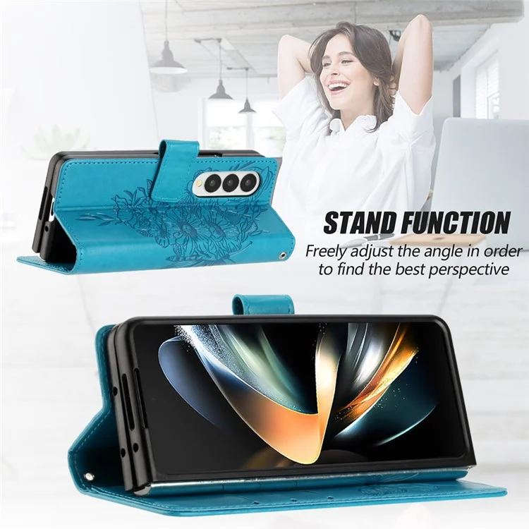 For Samsung Galaxy Z Fold4 5G Wallet Case with Wrist Strap Butterfly Imprint Leather Phone Cover - Black