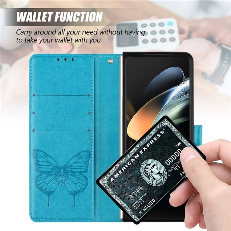 For Samsung Galaxy Z Fold4 5G Wallet Case with Wrist Strap Butterfly Imprint Leather Phone Cover - Black