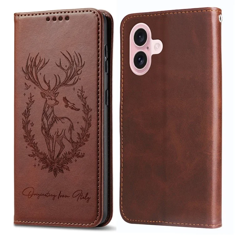 Чехол-подставка Lucky Deer для iPhone 16 Plus с магнитным замком и кожаным карманом для карт - Коричневый