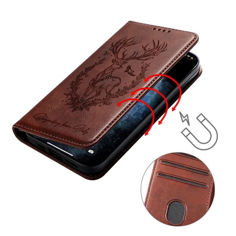Чехол-подставка Lucky Deer для iPhone 16 Plus с магнитным замком и кожаным карманом для карт - Коричневый