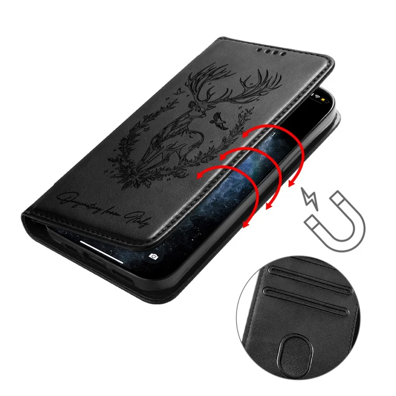 For iPhone 16 Plus Stand Case Lucky Deer Imprinted Magnetic Closure Leather Wallet Phone Cover - Black