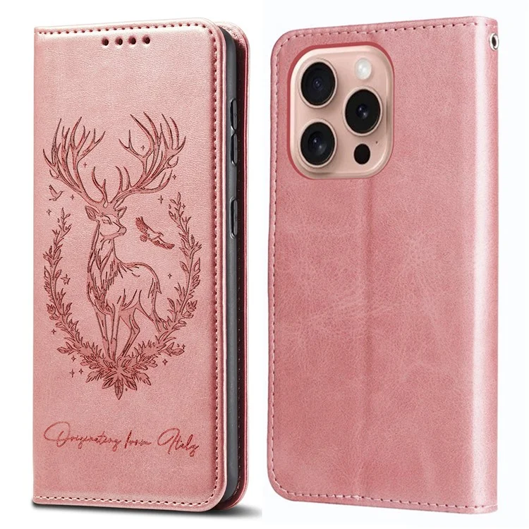 Чехол для iPhone 16 Pro Max со стойкой Lucky Deer с магнитным замком и кожаным кошельком - Розовый