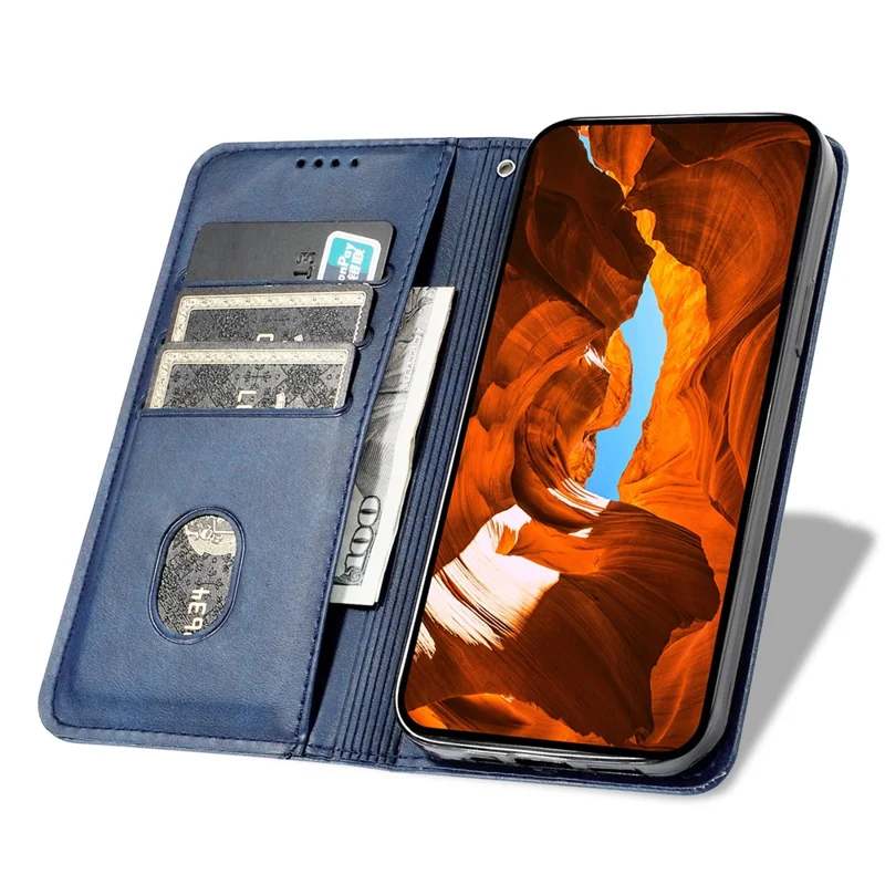 For iPhone 16 Pro Max Stand Case Lucky Deer Imprinted Magnetic Closure Leather Wallet Phone Cover - Blue