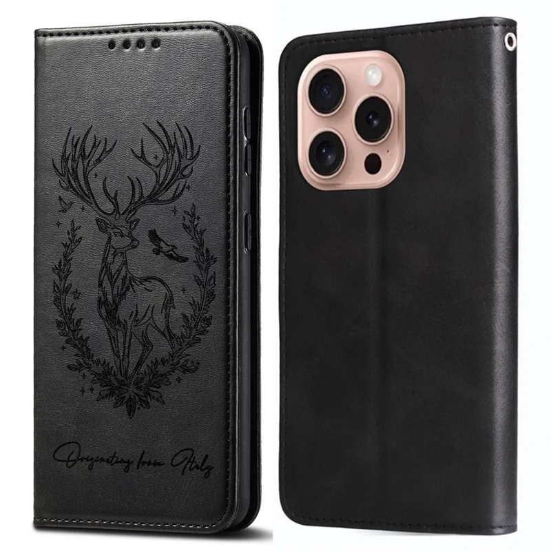 For iPhone 16 Pro Max Stand Case Lucky Deer Imprinted Magnetic Closure Leather Wallet Phone Cover - Black