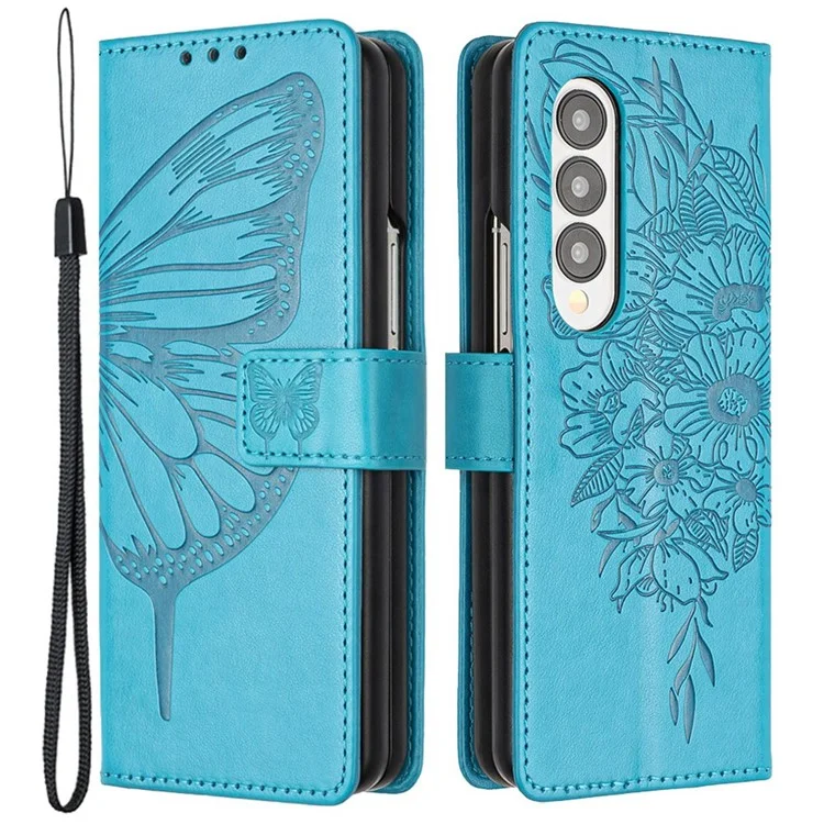 For Samsung Galaxy Z Fold3 5G Wallet Case with Wrist Strap Butterfly Imprint Leather Phone Cover - Blue