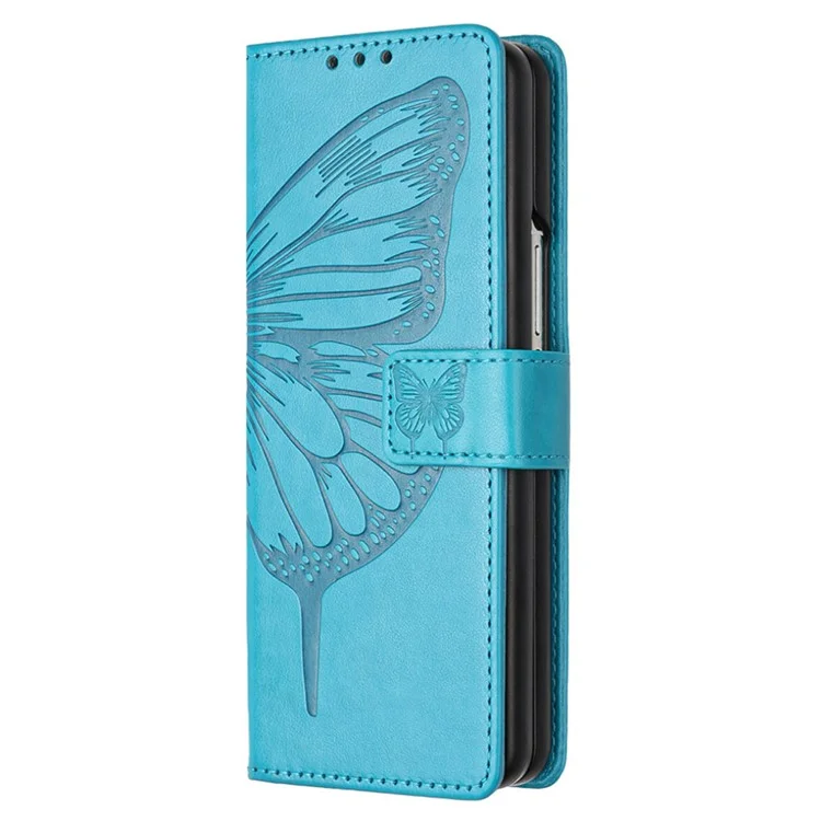 For Samsung Galaxy Z Fold3 5G Wallet Case with Wrist Strap Butterfly Imprint Leather Phone Cover - Blue