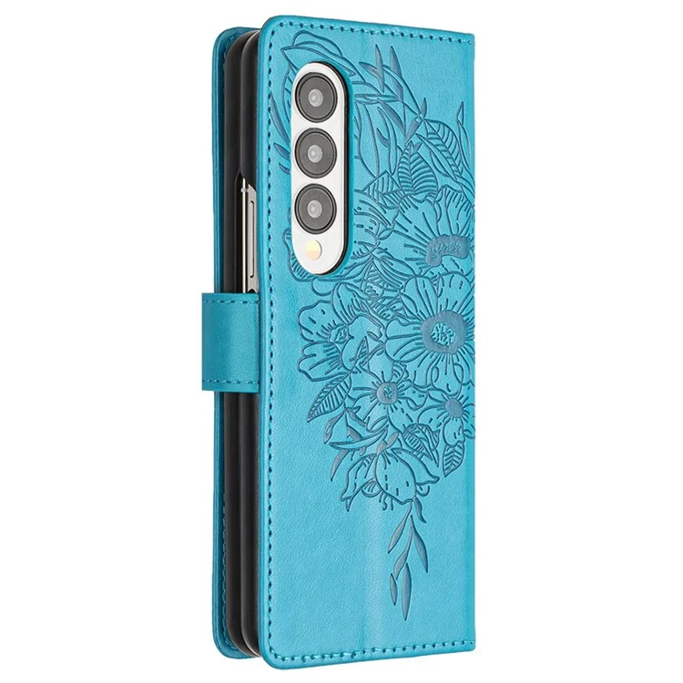 For Samsung Galaxy Z Fold3 5G Wallet Case with Wrist Strap Butterfly Imprint Leather Phone Cover - Blue