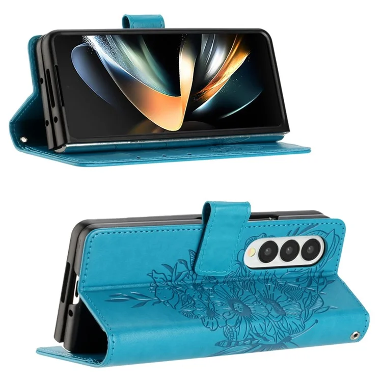 For Samsung Galaxy Z Fold3 5G Wallet Case with Wrist Strap Butterfly Imprint Leather Phone Cover - Blue
