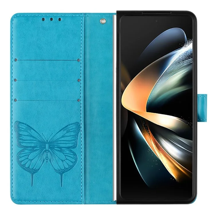For Samsung Galaxy Z Fold3 5G Wallet Case with Wrist Strap Butterfly Imprint Leather Phone Cover - Blue