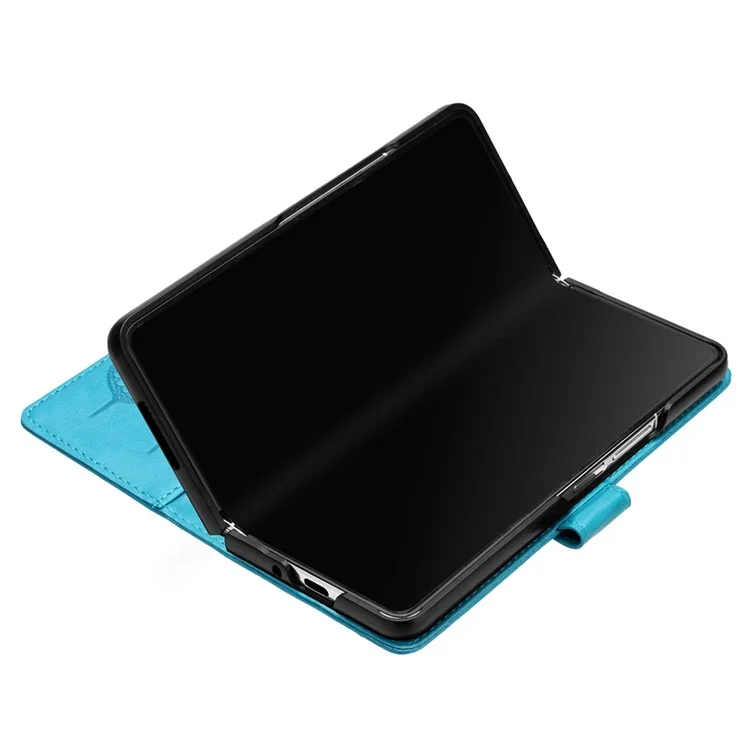 For Samsung Galaxy Z Fold3 5G Wallet Case with Wrist Strap Butterfly Imprint Leather Phone Cover - Blue