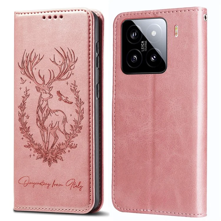 For Xiaomi 15 Stand Case Lucky Deer Imprinted Magnetic Closure Leather Wallet Phone Cover - Pink
