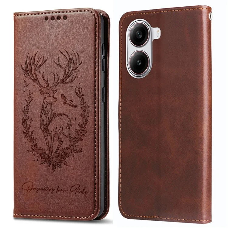 For Xiaomi Redmi Turbo 4 5G / Poco X7 Pro 5G Stand Case Lucky Deer Imprinted Magnetic Closure Leather Wallet Phone Cover - Brown