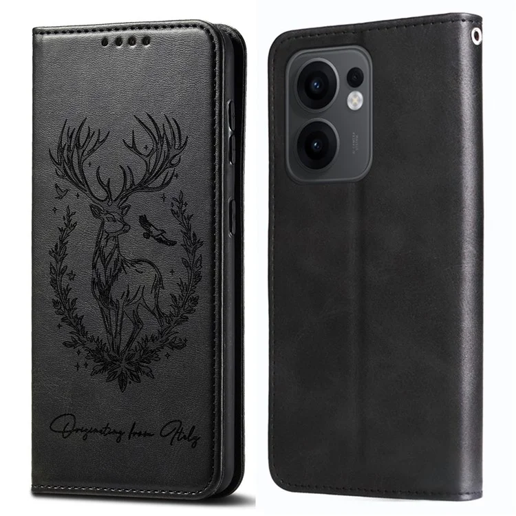 For Oppo Reno13 F 5G Stand Case Lucky Deer Imprinted Magnetic Closure Leather Wallet Phone Cover - Black