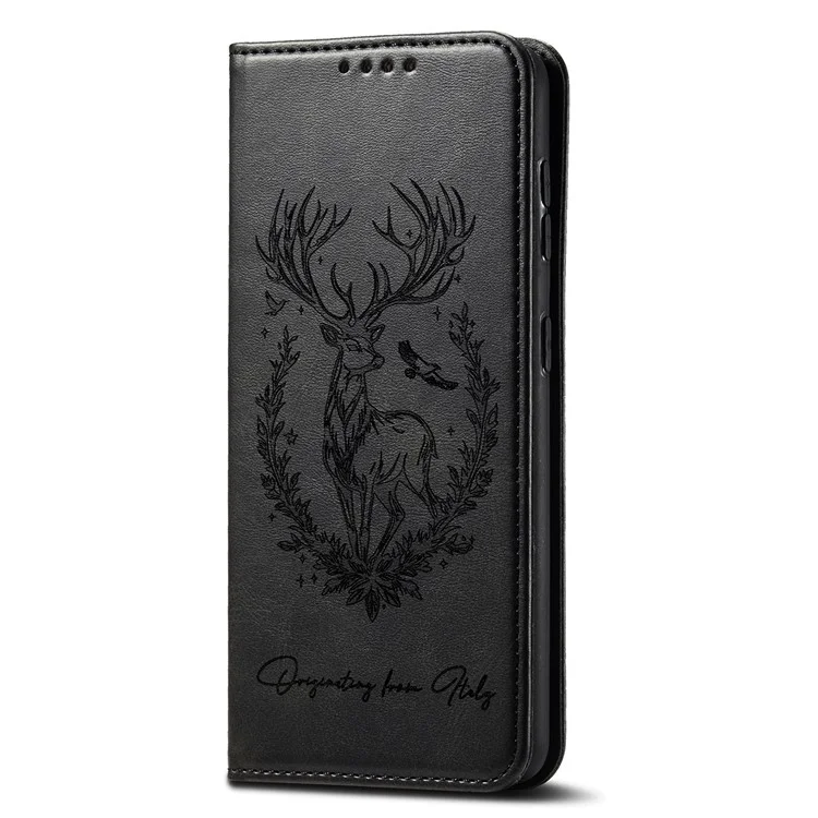 For Oppo Reno13 F 5G Stand Case Lucky Deer Imprinted Magnetic Closure Leather Wallet Phone Cover - Black