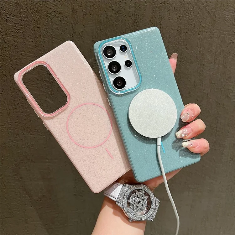 For Samsung Galaxy S25 Ultra Case Compatible with MagSafe Glitter Design IMD TPU + PC Phone Back Cover - Green