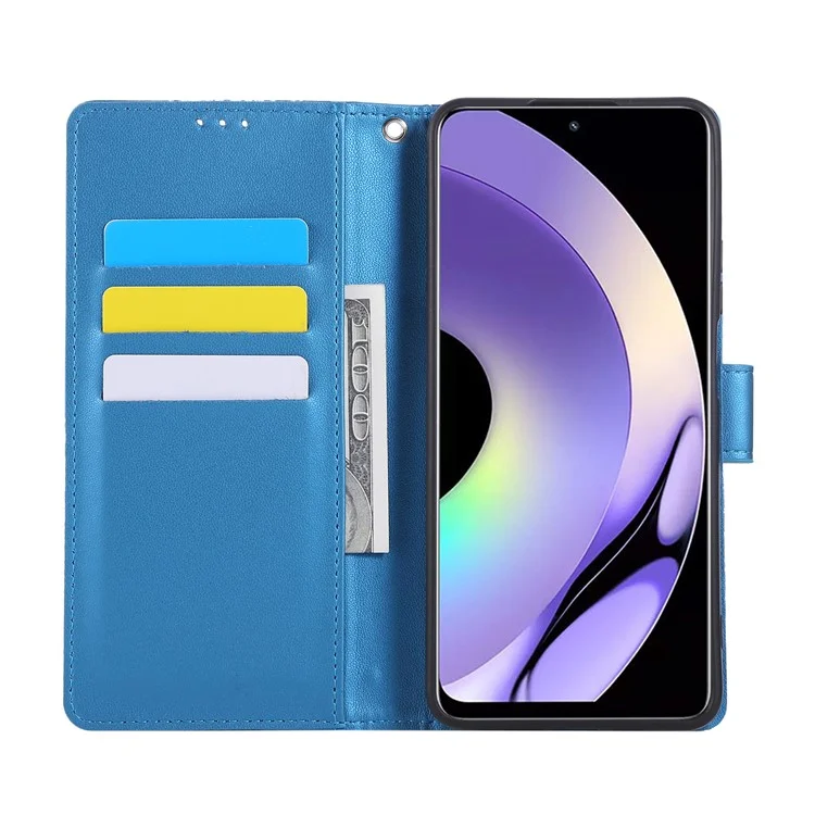 Capa para Realme C33 4G / C33 2023 4G Flor Rosa em Couro PU com Carteira e 3 Compartimentos para Cartão - Azul