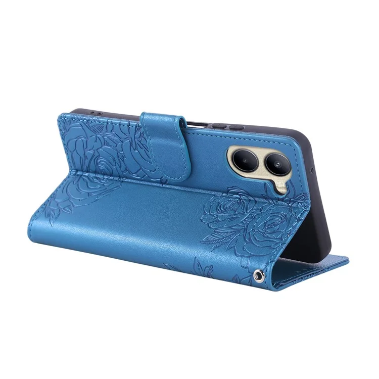 Capa para Realme C33 4G / C33 2023 4G Flor Rosa em Couro PU com Carteira e 3 Compartimentos para Cartão - Azul