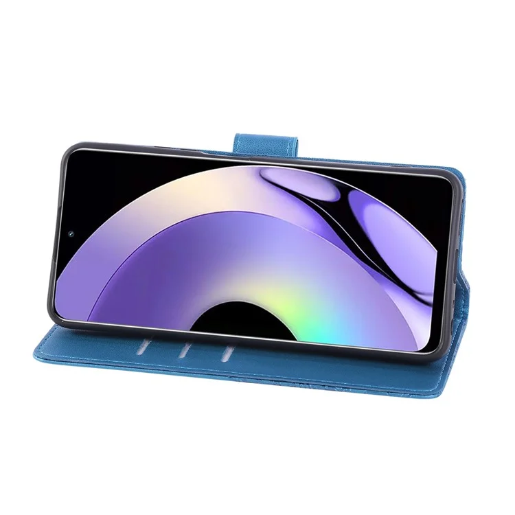 Capa para Realme C33 4G / C33 2023 4G Flor Rosa em Couro PU com Carteira e 3 Compartimentos para Cartão - Azul