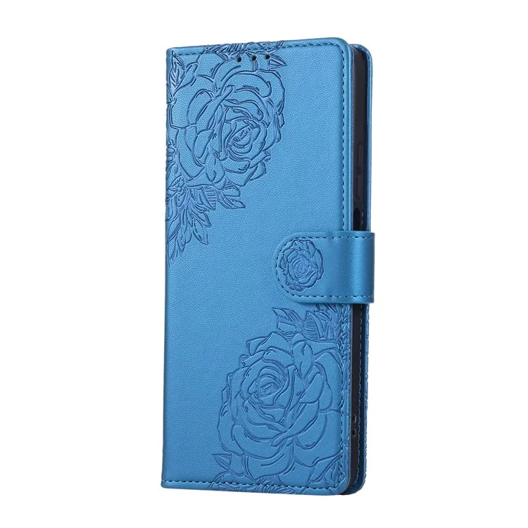 Capa para Realme C33 4G / C33 2023 4G Flor Rosa em Couro PU com Carteira e 3 Compartimentos para Cartão - Azul