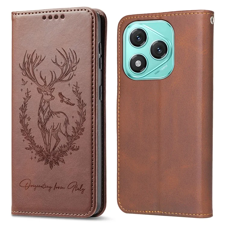 For Honor 400 Lite Stand Case Lucky Deer Imprinted Magnetic Closure Leather Wallet Phone Cover - Brown