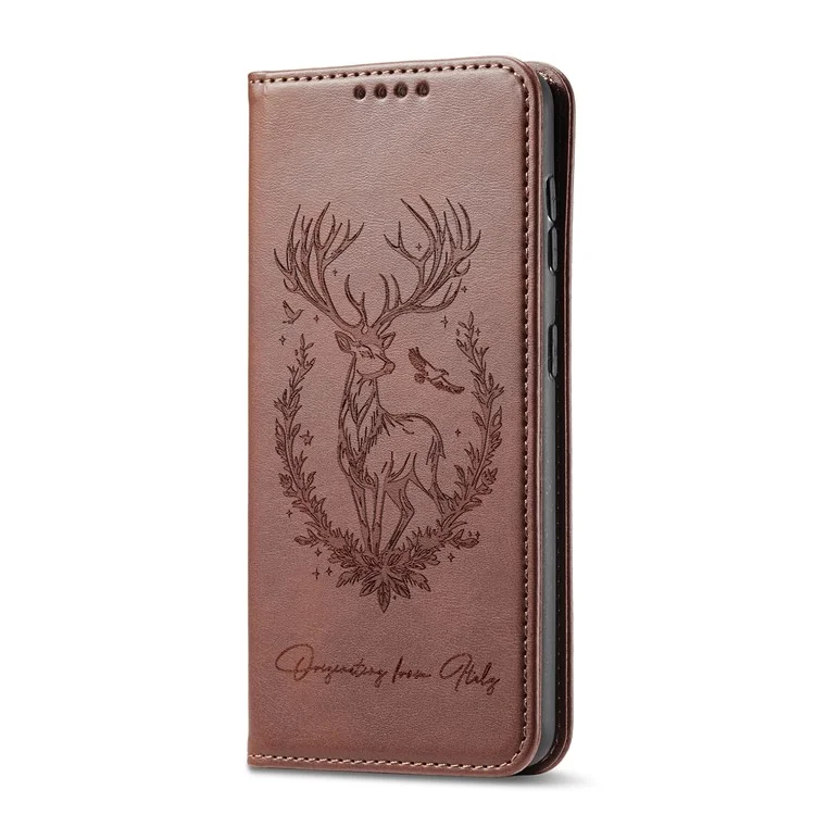 For Honor 400 Lite Stand Case Lucky Deer Imprinted Magnetic Closure Leather Wallet Phone Cover - Brown