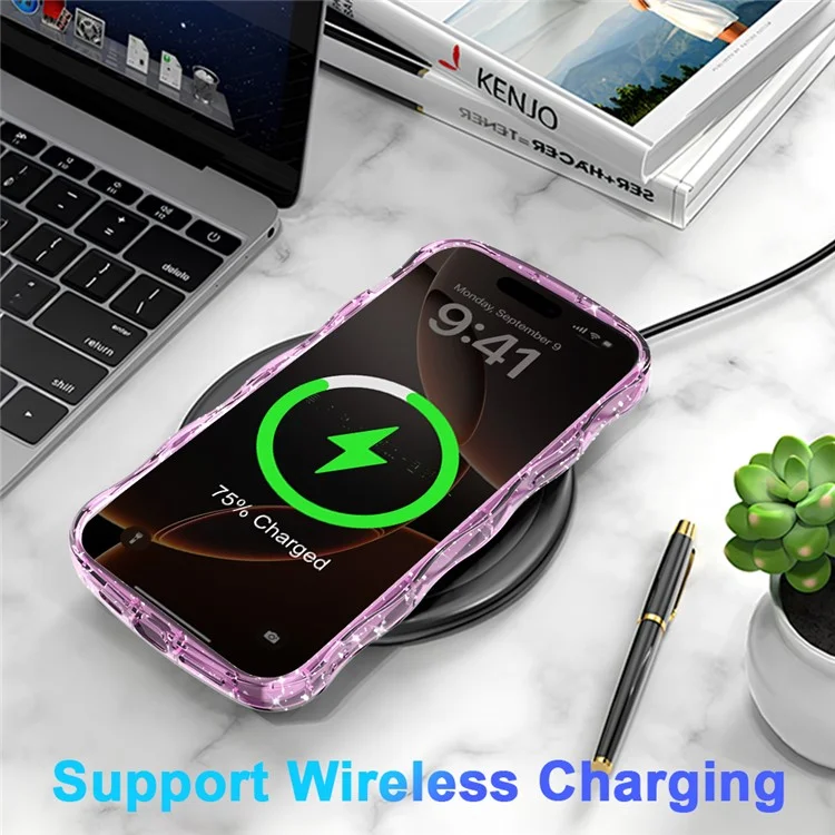 Magnetische Schutzhülle für iPhone 15 mit Wellenrand und Glitzer - Transparent Rosa