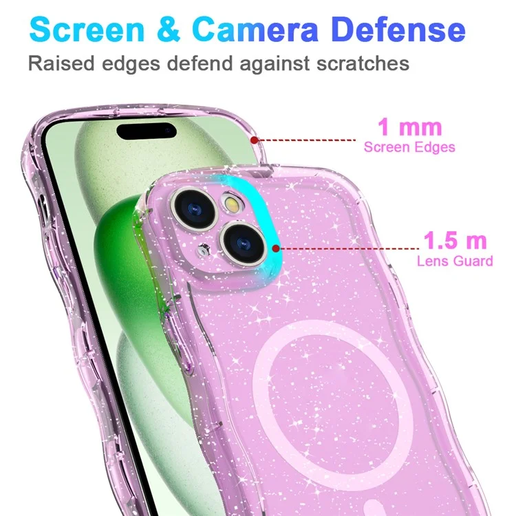 Magnetische Schutzhülle für iPhone 15 mit Wellenrand und Glitzer - Transparent Rosa