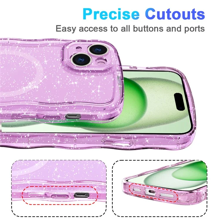 Magnetische Schutzhülle für iPhone 15 mit Wellenrand und Glitzer - Transparent Rosa