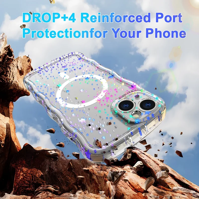 Magnetisk mobilskal till iPhone 15 med vågformad kant, glitter och TPU-baksida – Laserstjärna