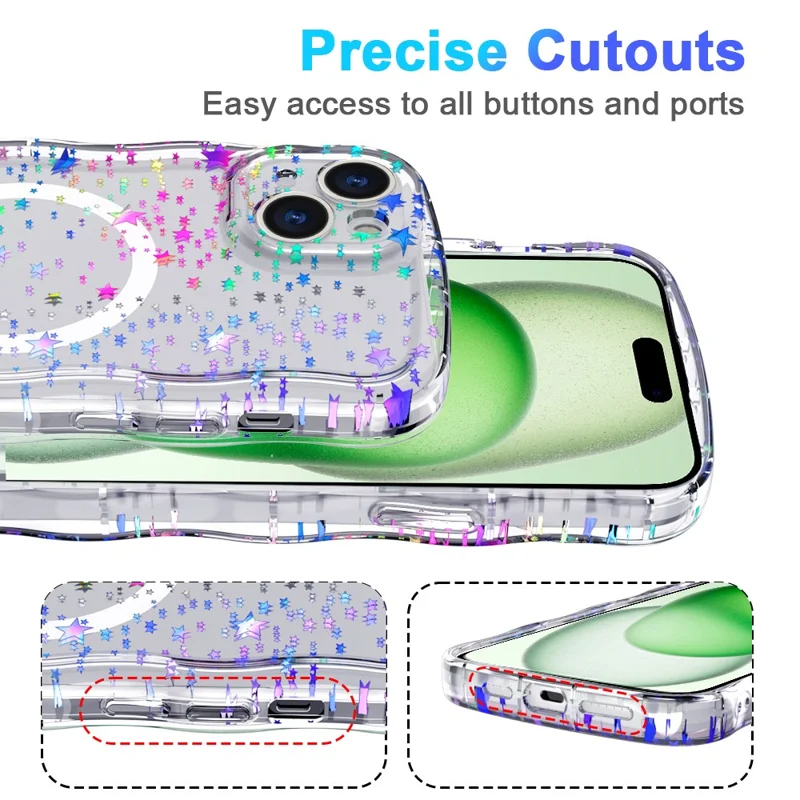 Magnetisk mobilskal till iPhone 15 med vågformad kant, glitter och TPU-baksida – Laserstjärna