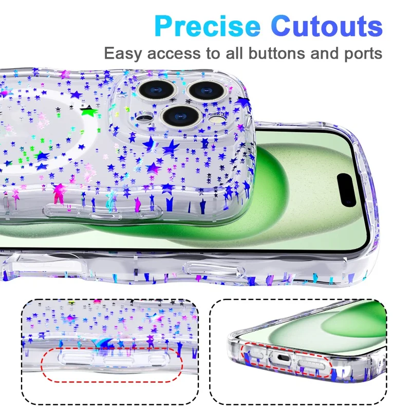 For iPhone 15 Pro Magnetic Case Wave Edge Glitter TPU Phone Back Cover - Laser Star